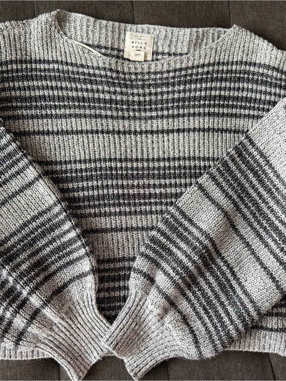 Billabong Gray and Black Striped Crewneck Sweater